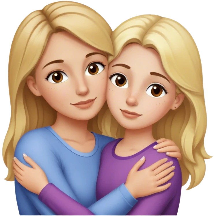 Blonde mom with makeup 30 years old hugs her daughter 15 years old with brown hair, freckles and brown eyes emoji