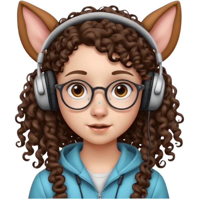 brunette kid with unique face features and very curly long hair kid girl neutral and very big nose and ears and dark eyes with freckles kind of nerd looking and headphone wearing emoji