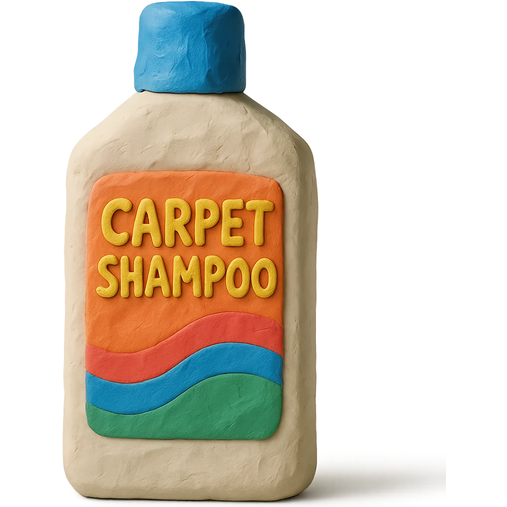 carpet shampoo bottle with blue cap and colorful label, soft lighting, claymation style emoji
