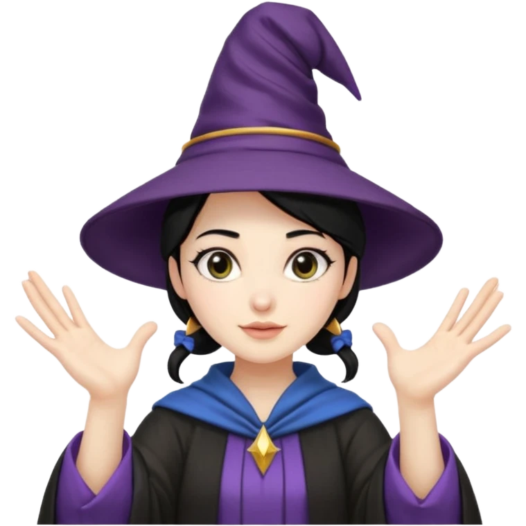 female wizard with black hair in a low bun under a wizards hat with both hands palm up emoji