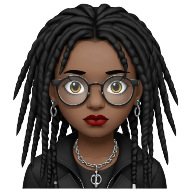 Black goth girl with piercings on both her brows, septum and lips with black dreadlocks and block glasses  emoji