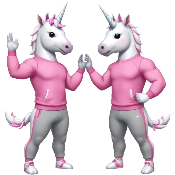 two friendly anthropomorphised male white unicorns with fit, chunky, muscular and strong physiques, arms and legs matching the white of the head, both wearing grey tracksuit pants and pink jumpers, sunglasses, high-fiving each other emoji
