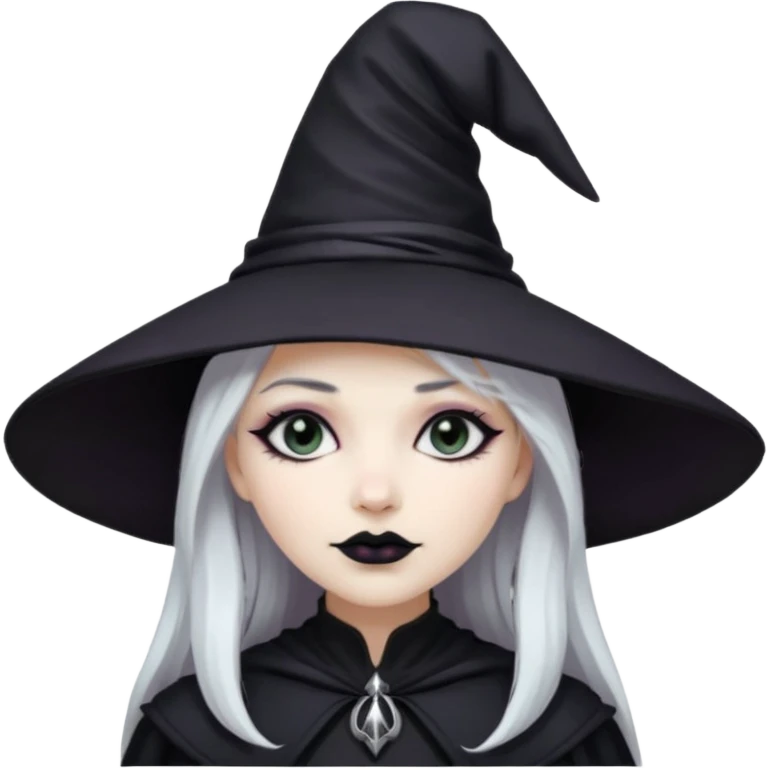 White hair pale skin woman with black lipstick, black eyeshadow, gothic style wearing a witch hat emoji