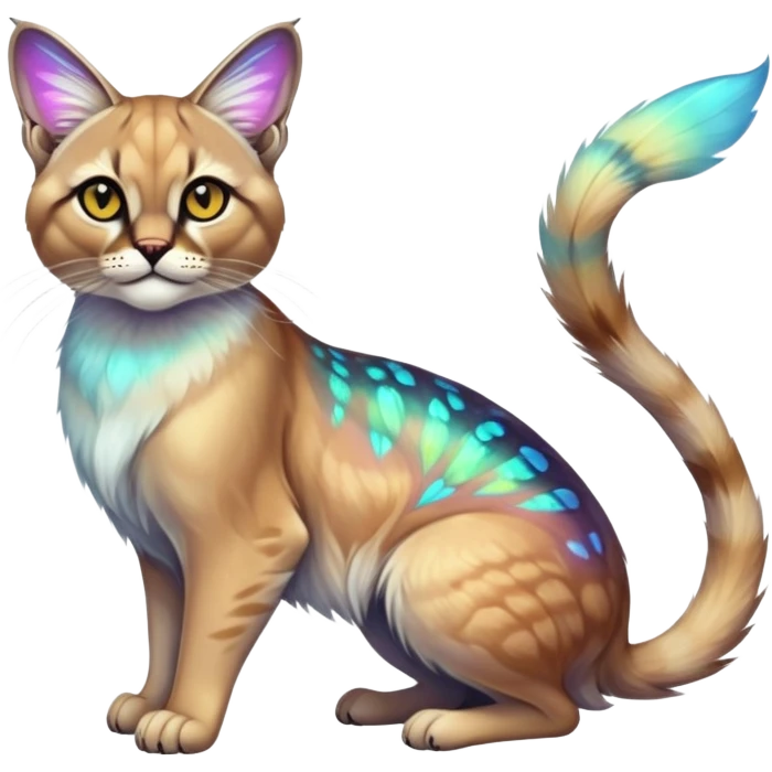 Colorful Neon exotic ethereal iridescent tropical shiny Fantasy-Siamese-Bobcat-Caracal-Moth-Scottish-Fold-feline-Fakémon-feline-hybrid (full body) emoji