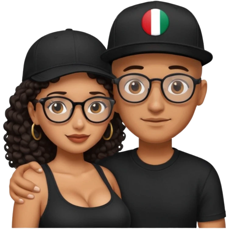 A picture of an embracing tanned couple. the man is a Mexican man with tanned skin, with a bald hair cut wearing a SnapBack hat and a black shirt. the woman wearing black glasses, with long curly dark brown hair and with big boobs.  emoji