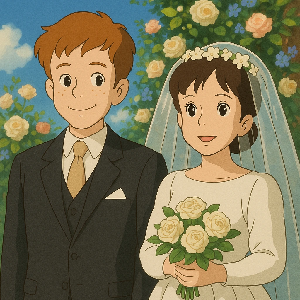 Georgie and Mandy inspired by the reference photo, in wedding outfits, cartoon style, wedding scene, ghibli style emoji