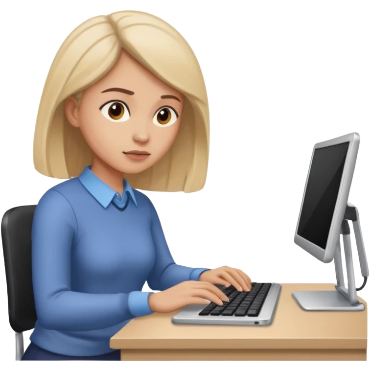 a woman concentrating on her work at a desk, with a keyboard and a laptop visible emoji