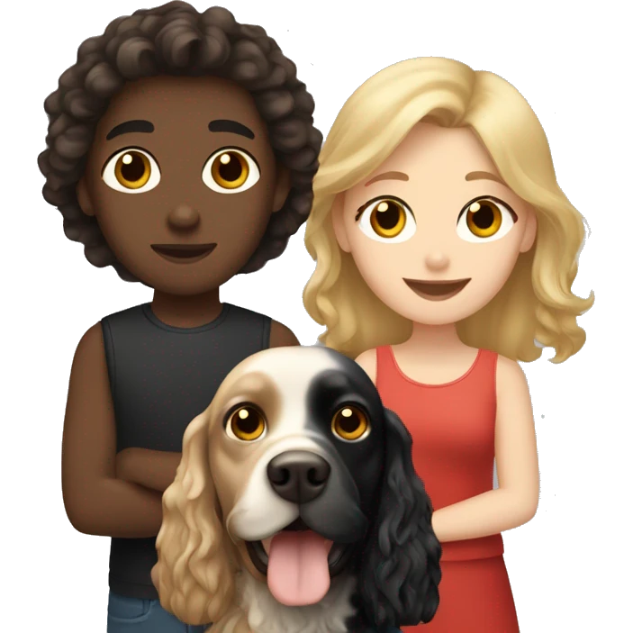 brown-haired girl and blond-haired boy with a black cocker spaniel emoji