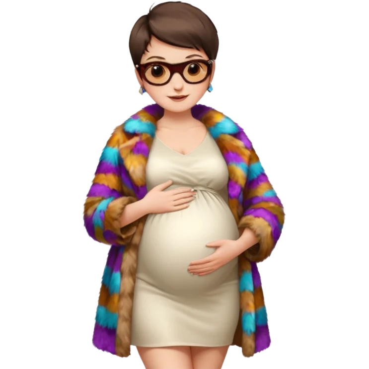 pregnant stylish woman with short pixie brunette hair happily touching her big belly while wearing white dress and fancy brown fur coat and colorful shades emoji
