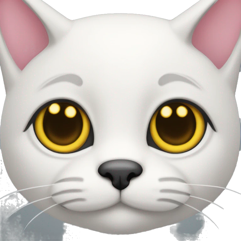 Cat with clear white face, little black spot like mustache under nose, pink ears, and full forehead and under ears the fur is black, yellow eyes, no stripes emoji