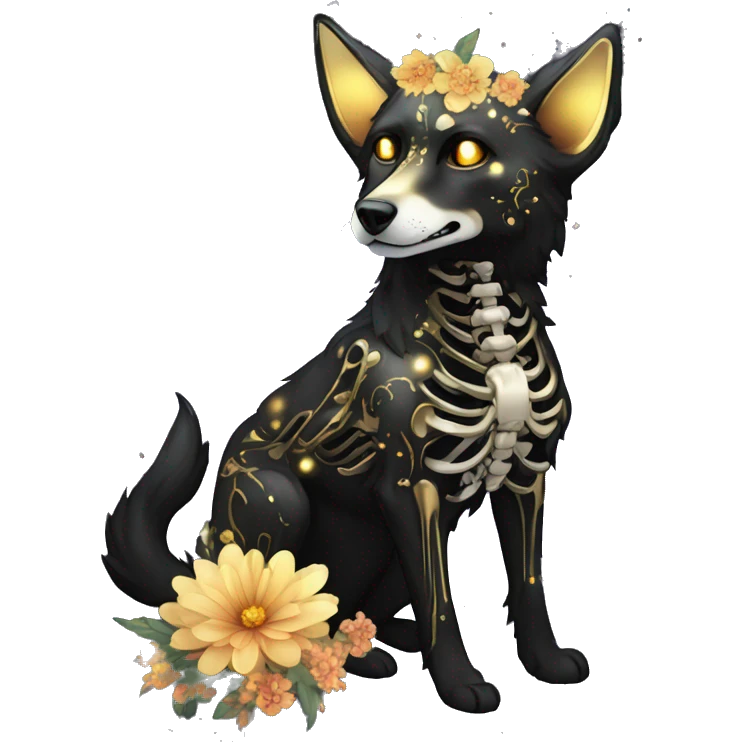 Black iridescent dog fox zombie skeleton gold mechanical nebula galaxy stars flowers fairy lights vintage emoji
