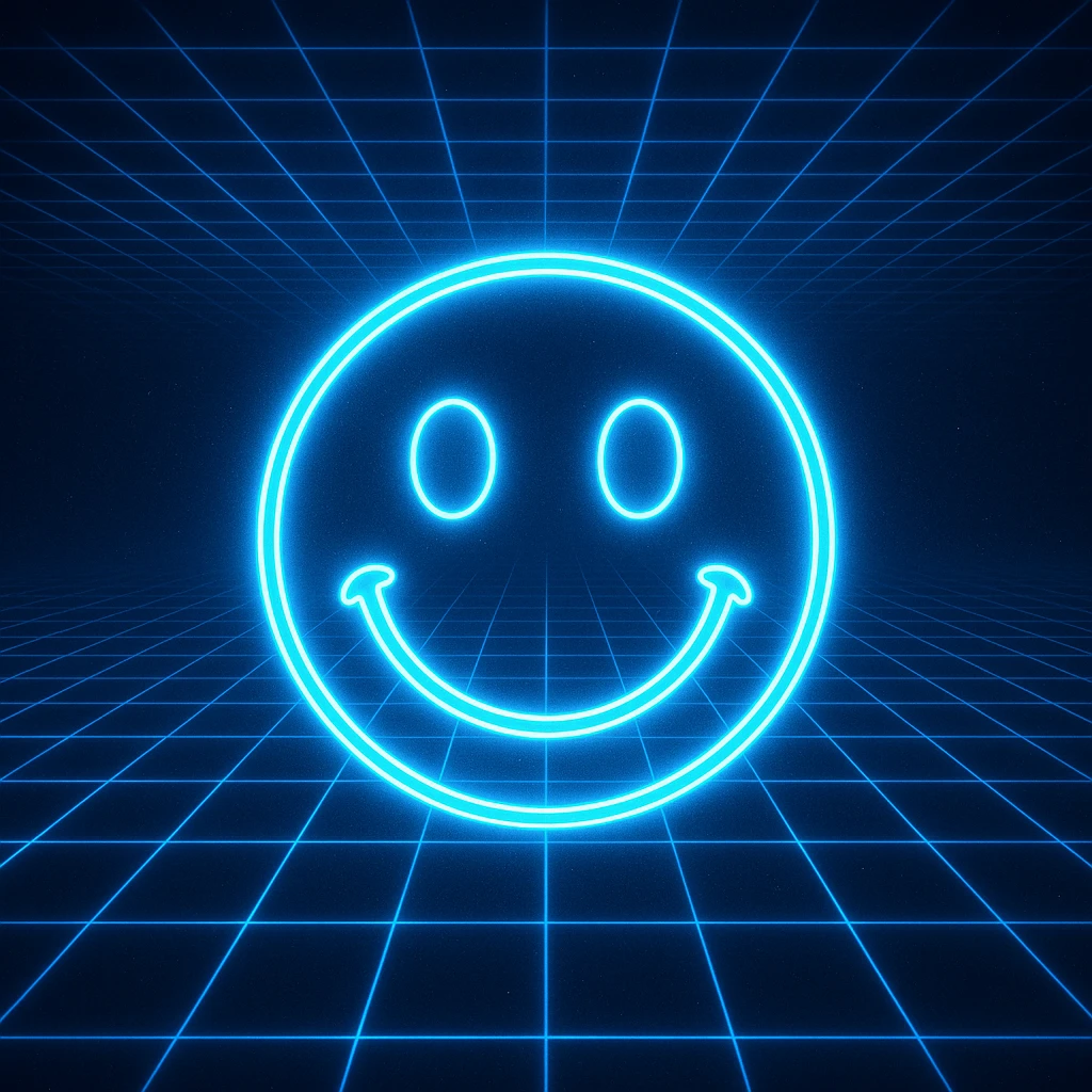smiley face emoji in neon Tron 80's retro style with glowing blue grid background emoji