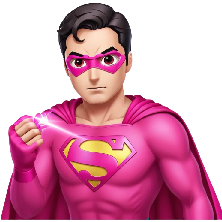 Create an image of Superman wearing a bright pink superhero suit. His eyes should be glowing intensely in bright pink, with powerful pink laser beams shooting outward from them. The focus should be on the laser effect coming directly from his eyes emoji