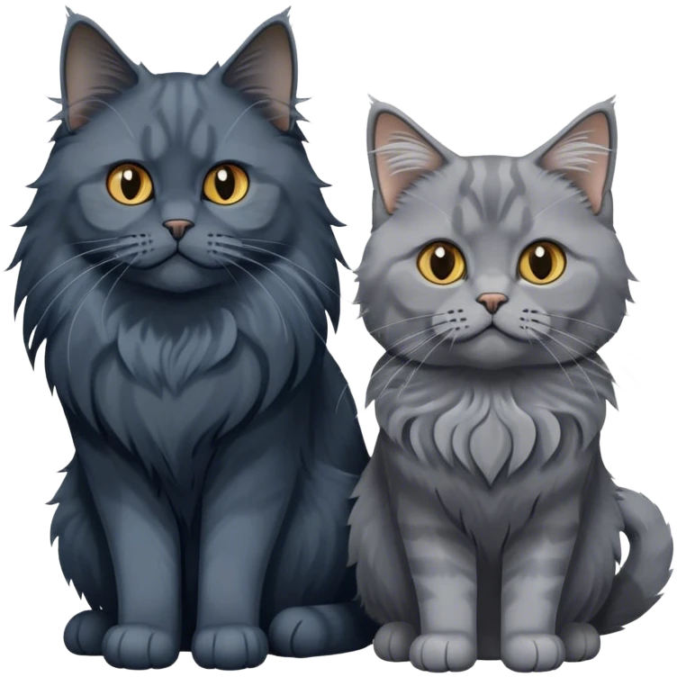 Portrait of a black smoke Maine Coon cat with long grey ear tufts, alongside a British Shorthair cat with a solid blue coat. Both cats with detailed fur textures and playful expressions. Soft, elegant background of room with warm, natural tones. Transparent background. emoji