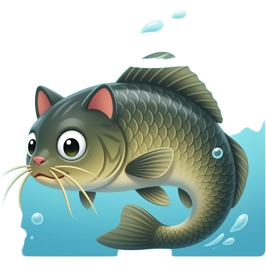 A humorous, exaggerated literal interpretation of “Catfish”. 
A fish with cat features like whiskers and ears swimming in water. 
Cartoonish, playful, colorful, 3D illustration, funny concept. 
Clean background, center composition, no text, no watermark. emoji