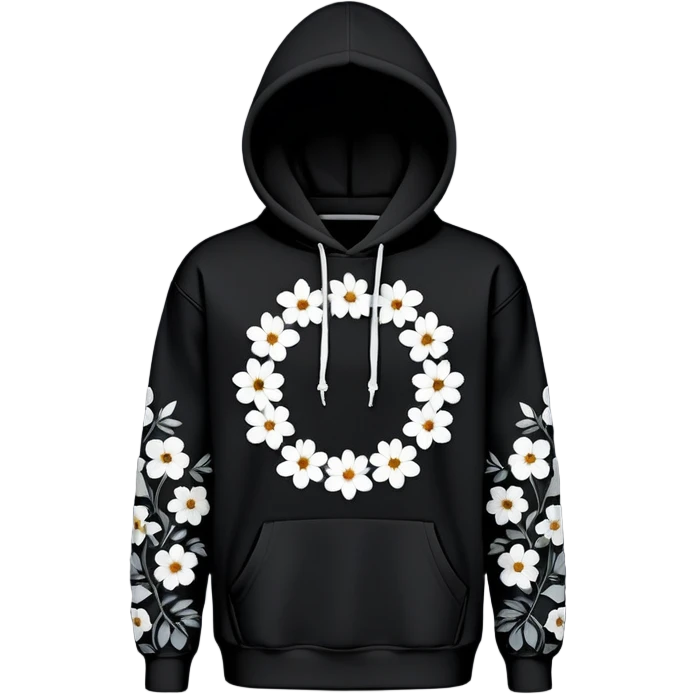The BLACK Denim Tears Hoodie features a black base with medium-sized black and white flowers. Each flower has a white outer ring with an open, hollow center, giving it a bold and distinctive look. These ring-like floral patterns are scattered across the hoodie, covering the front, sleeves, and hood for a balanced yet eye-catching design. emoji