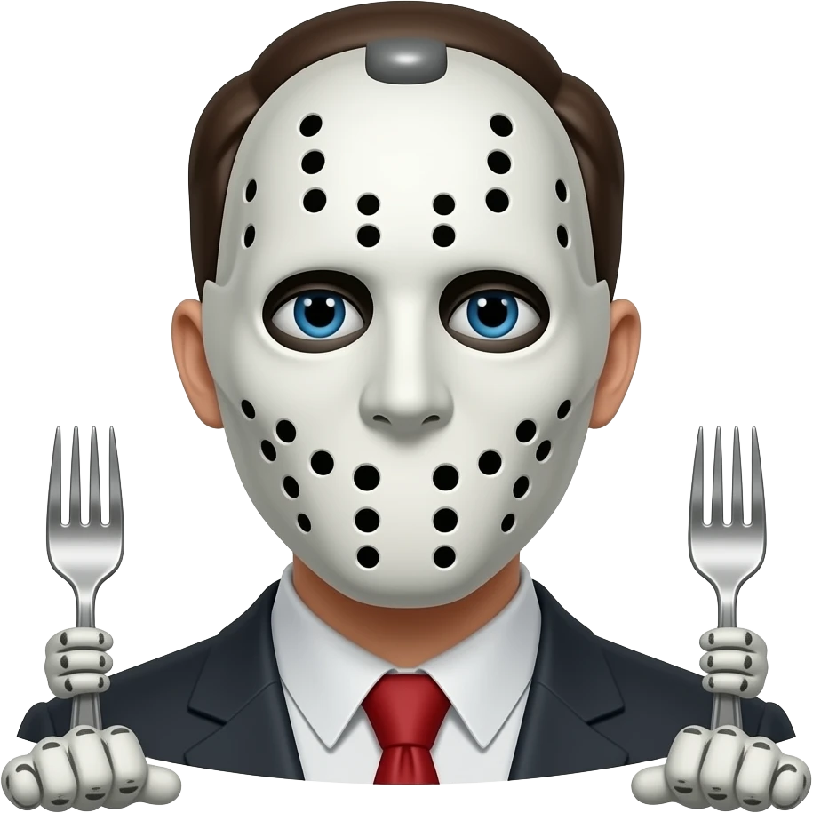 A masked man with forks for hands and butts for feet emoji