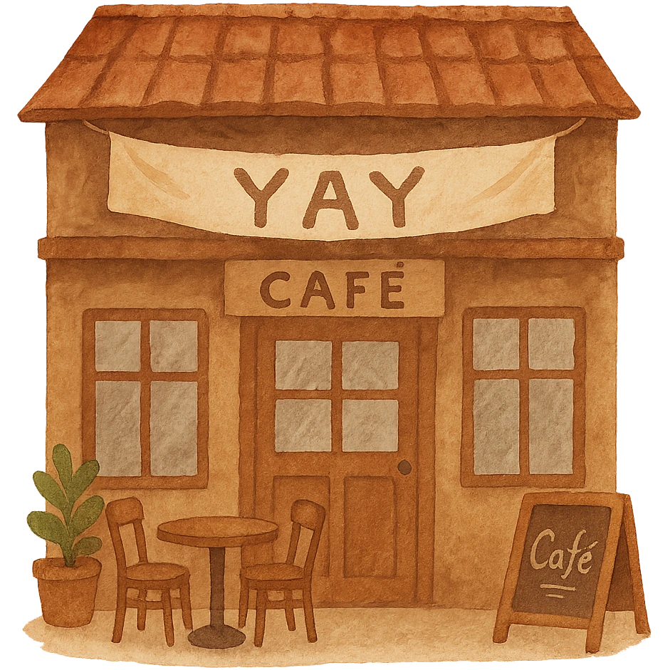 hand-painted style cozy brown café storefront with a soft “YAY” banner, warm hand-drawn tones emoji