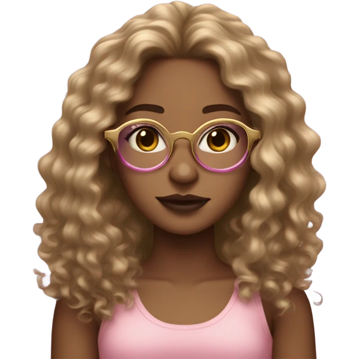 long haired wavy curly girl with dirty gold glasses and light skintone with light igari pink makeup  emoji