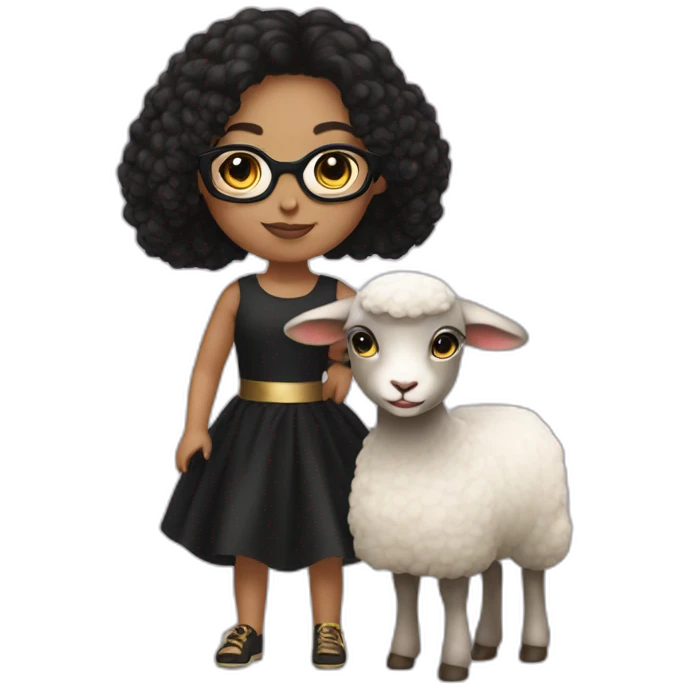 Girl with golden glasses, black hair, black dress, riding on a lamb emoji