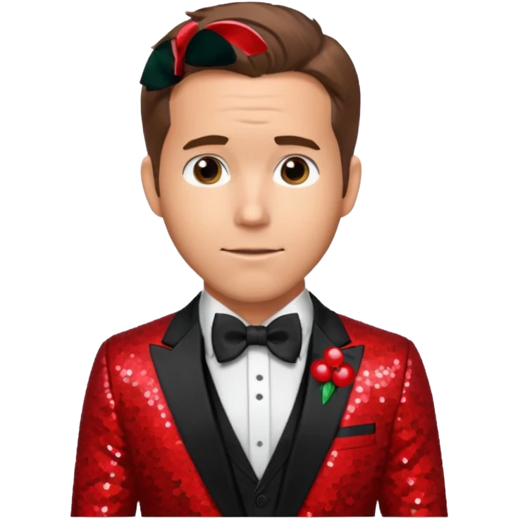 Ryan Reynolds with brown hair, red sequin suit with bow tie emoji