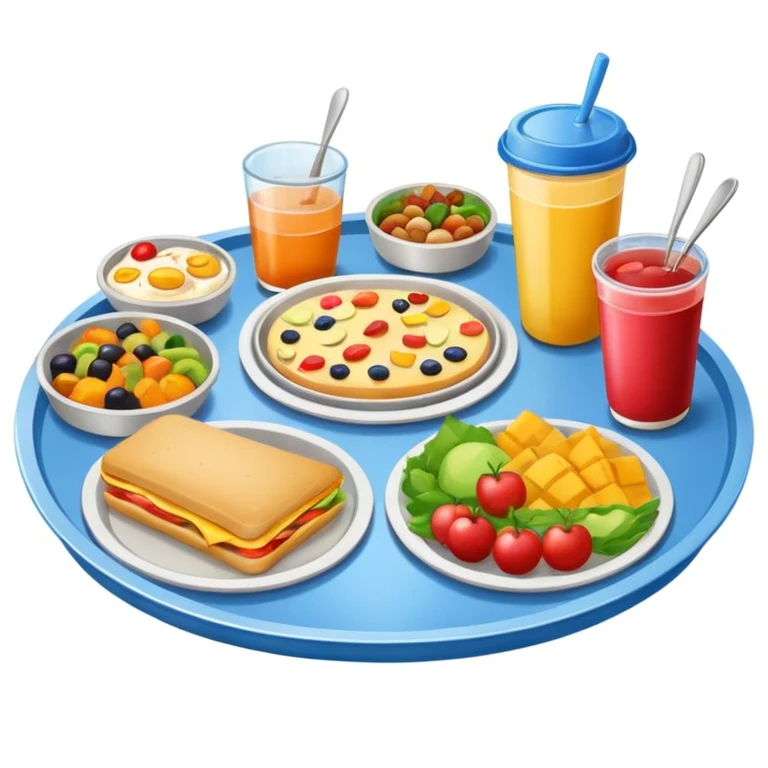 colorful and filled meal tray on canteen table, relaxed atmosphere emoji