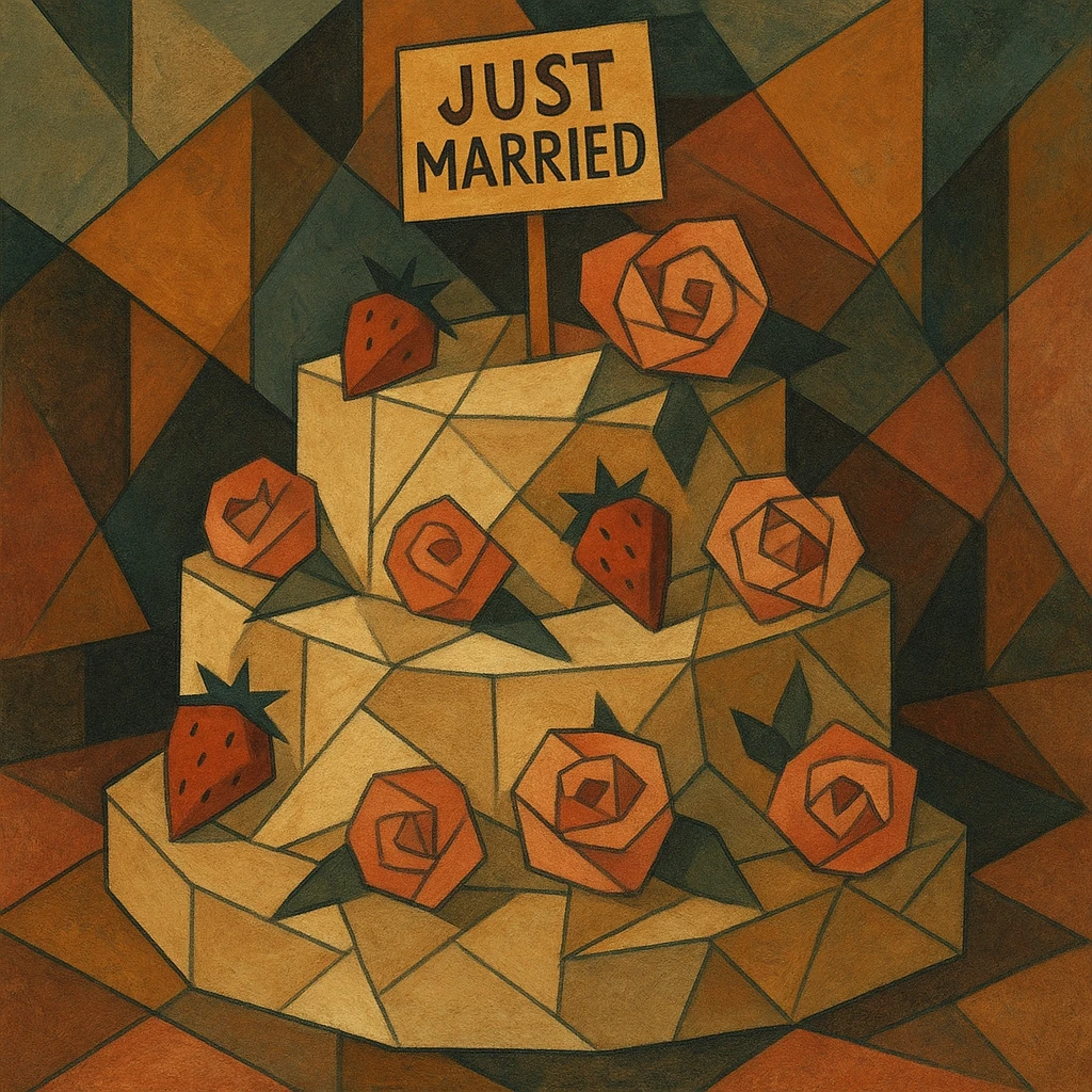 white wedding cake with strawberries, pink roses, 'Just Married' topper, cubist abstraction style emoji