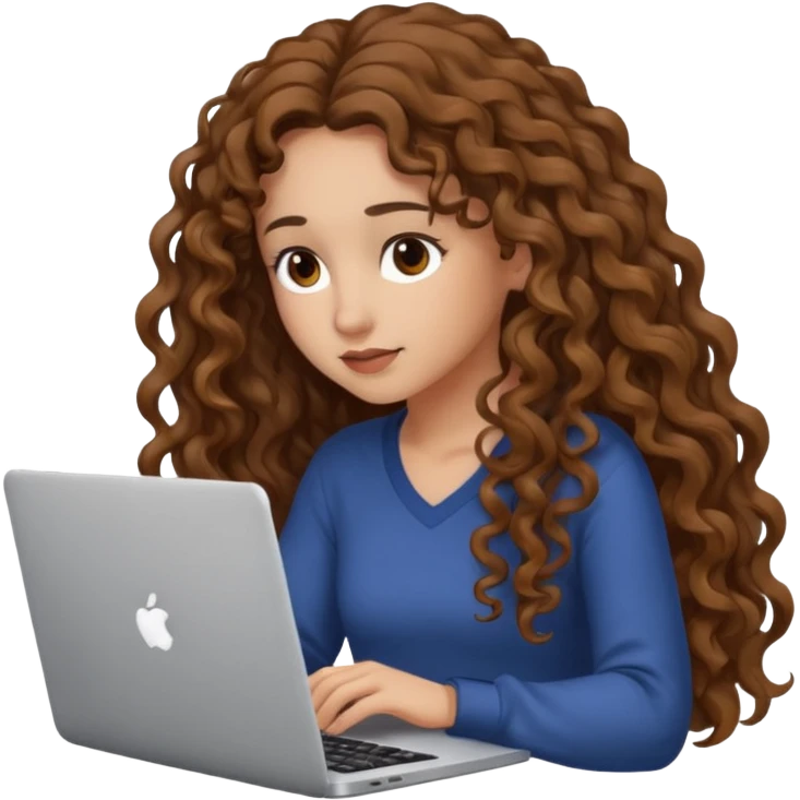 A young woman with too mach long curly brown hair, she has light, white skin, she has brown eyes, her eyes are lowered into the laptop she holds in her hands emoji