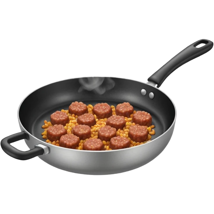 A 3D cartoon frying pan with minced meat being cooked, slight steam, realistic texture, Memoji-style. emoji