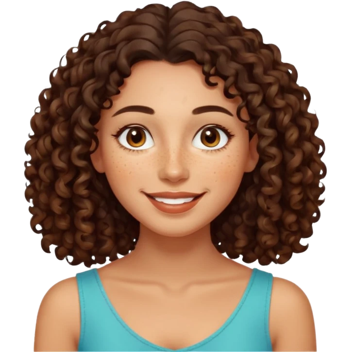 realistic emoji of a smiling woman with dark natural curly shoulder-length hair, full lips, visible freckles, almond-shaped eyes, proportionate nose, glowing complexion, warm comforting expression emoji