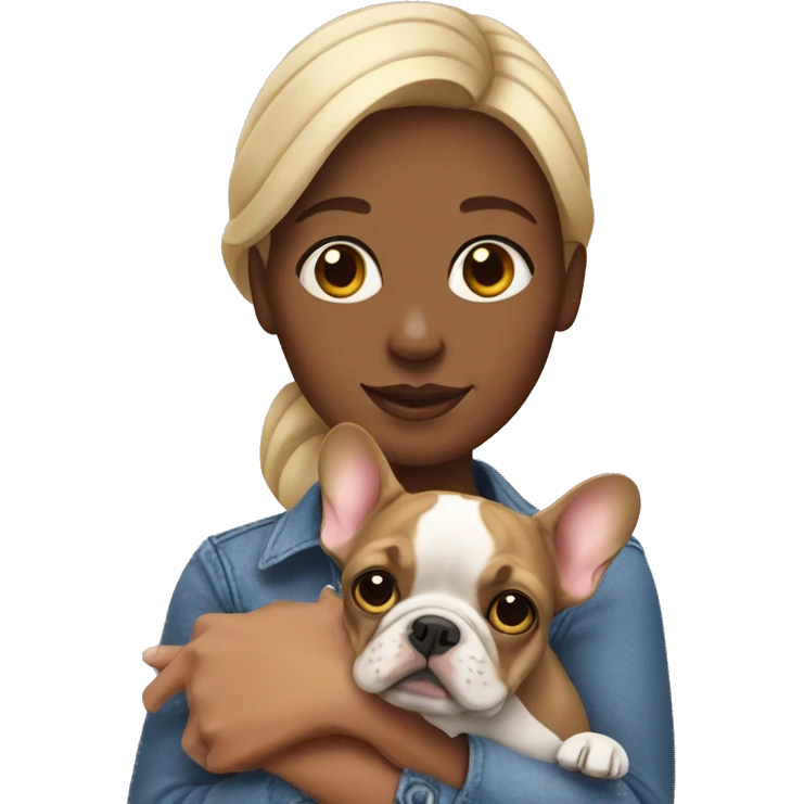 Woman holding fawn French bulldog  emoji
