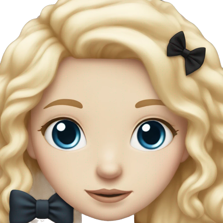 pale blonde girl with long rosy blonde hair with blue eyes and wearing a black bow holding a calico kitten also wearing a bow emoji