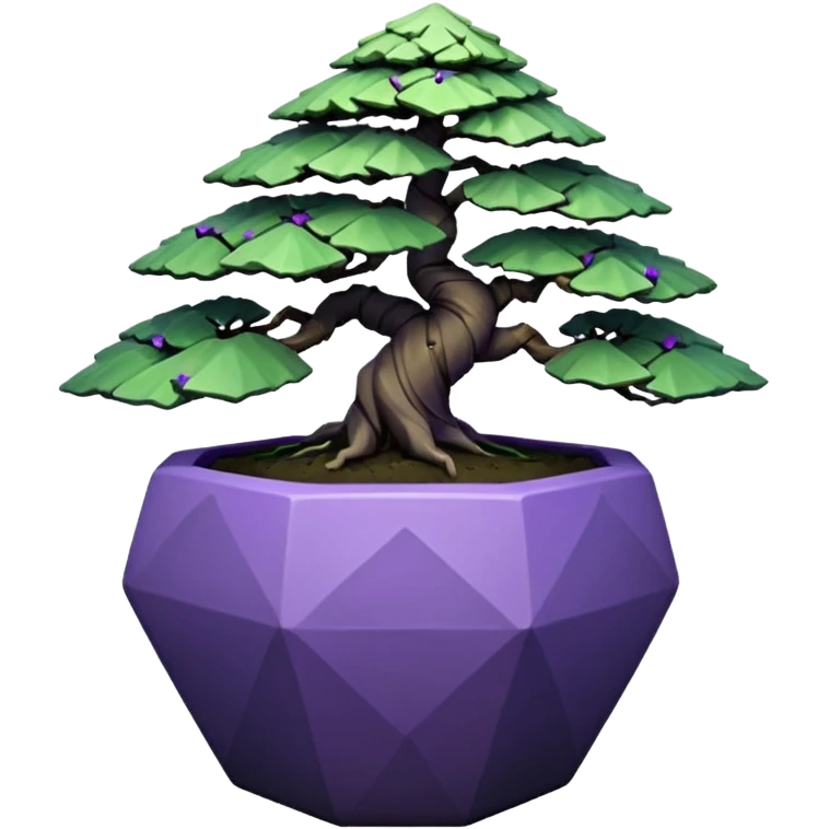  Earthenware small short squat cascading black green-violet bonsai pot plant purple hair-leaf pine tree with triangular angular polygonal faceted asymmetrical originally shaped pot emoji