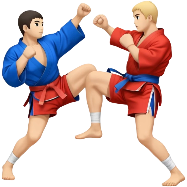 An icon symbolizing Sambo, featuring two fighters in blue and red kimonos with shorts and wrestling shoes. One executes a powerful throw, while the other attempts a defensive grab. The fighters are engaged in a grapple, using joint locks and sweeps.  emoji