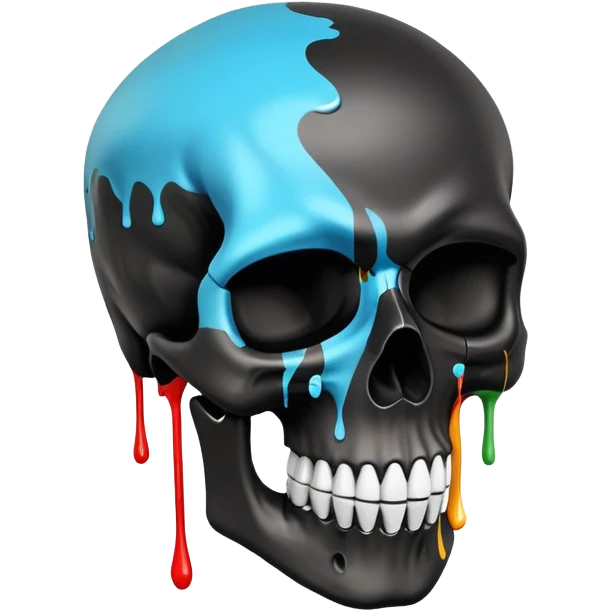 smooth black skull with street art colors and brand logos painted within the skull's surface, minimal paint drips that don't extend past skull outline, angled view emoji