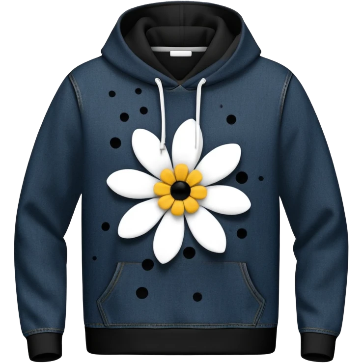 The BLACK Denim Tears Hoodie features a black base with distinctive white and black  open flower spots with empty space in the middle, These hollow ring-like patterns are scattered across. BLACK AND WHITE FLOWERS SPACED OUT FLOWERS AND NO DOTS emoji