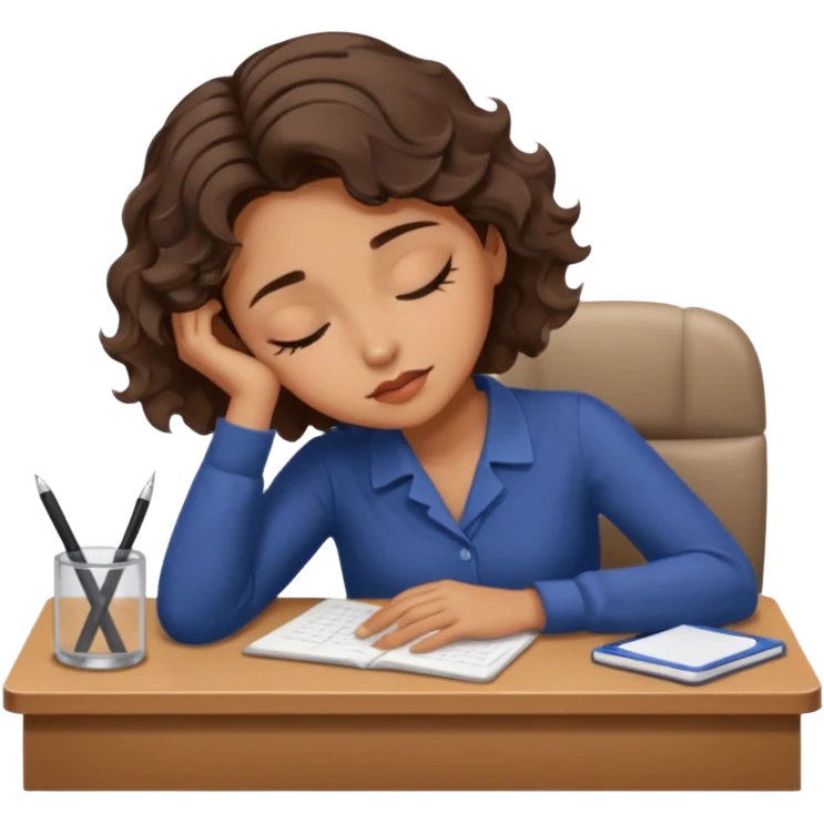 Pretty brown model, brown eyes, soft short wavy hair, falling asleep at desk emoji