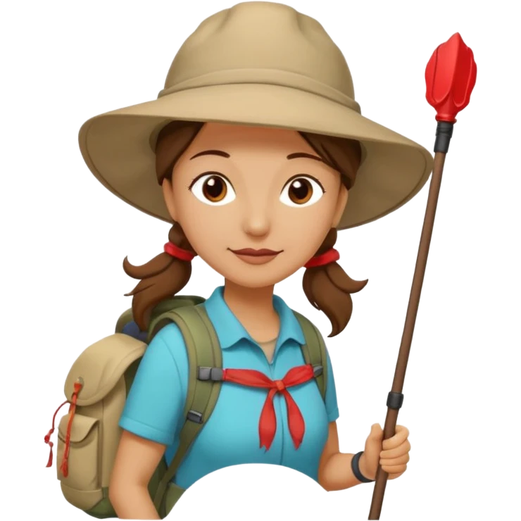 Middle aged women, long brown ponytail with wide brim hiking hat. With backpack and trekking poles. Backpack has a scallop shell with the cross of saint james hanging from it.  Remove the cross and add a scallop shell on a red string hanging from the backpack  emoji