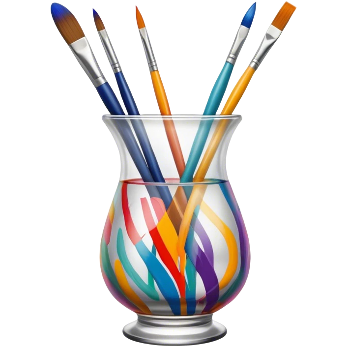 Glass painting icon, colorful brushstrokes on a glass vase, intricate painted patterns on the surface, visible fine paintbrush and palette beside it, no liquid inside the vase, minimalistic style, clean lines, transparent background. emoji
