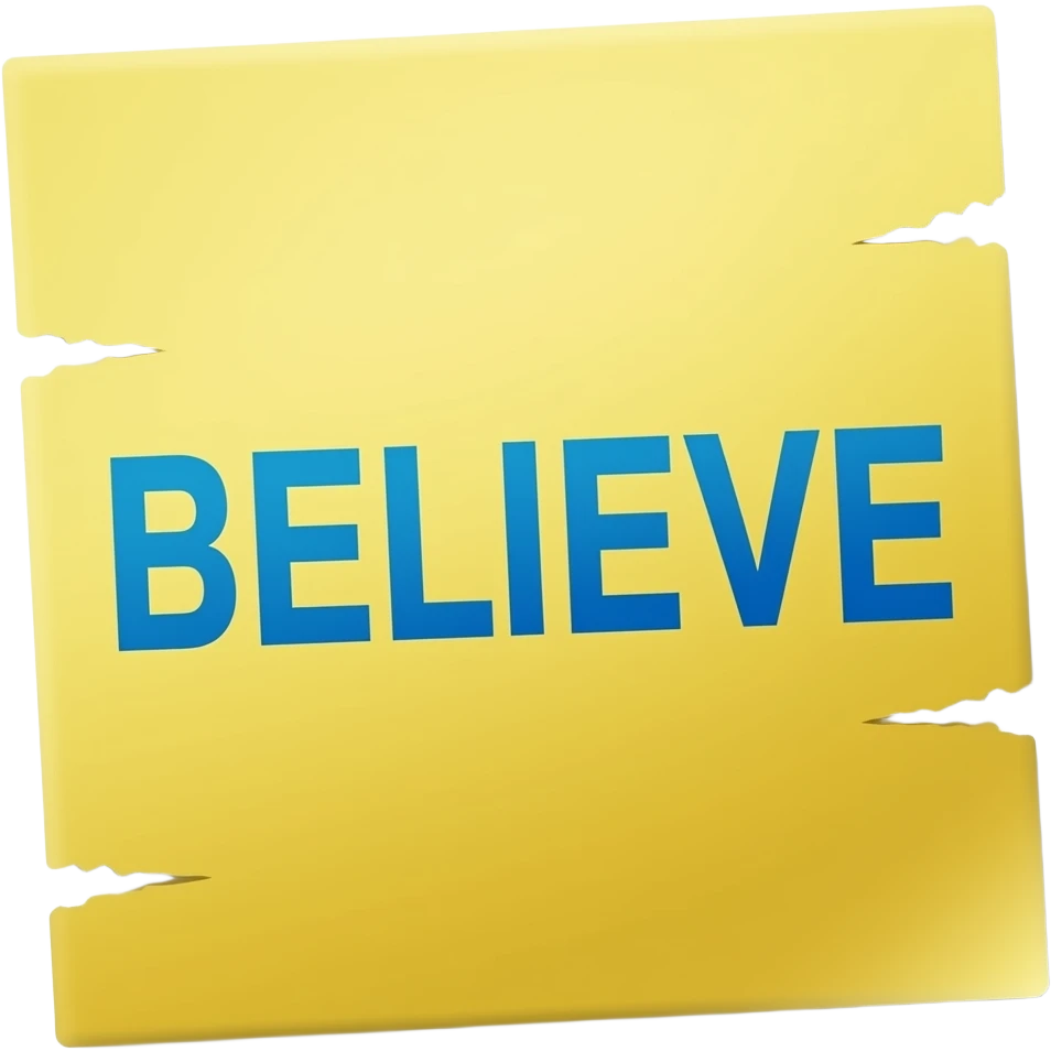 Yellow construction paper, slight tears on both sides, BELIEVE in blue, written across the paper emoji