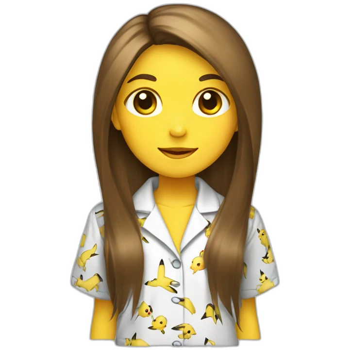 Brown straight long hair white woman wearing pikachu pyjama emoji
