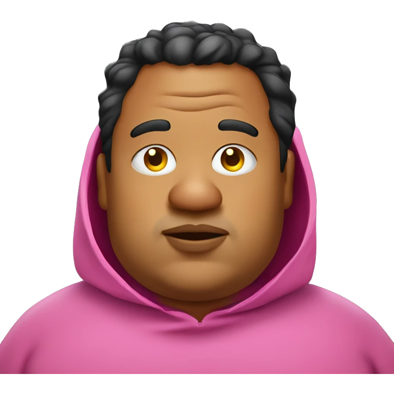 fat man with big ears wearing pink poncho, closed eyes, big lips with visible yellow teeth, duble chin and with a potato nose black messy hair emoji
