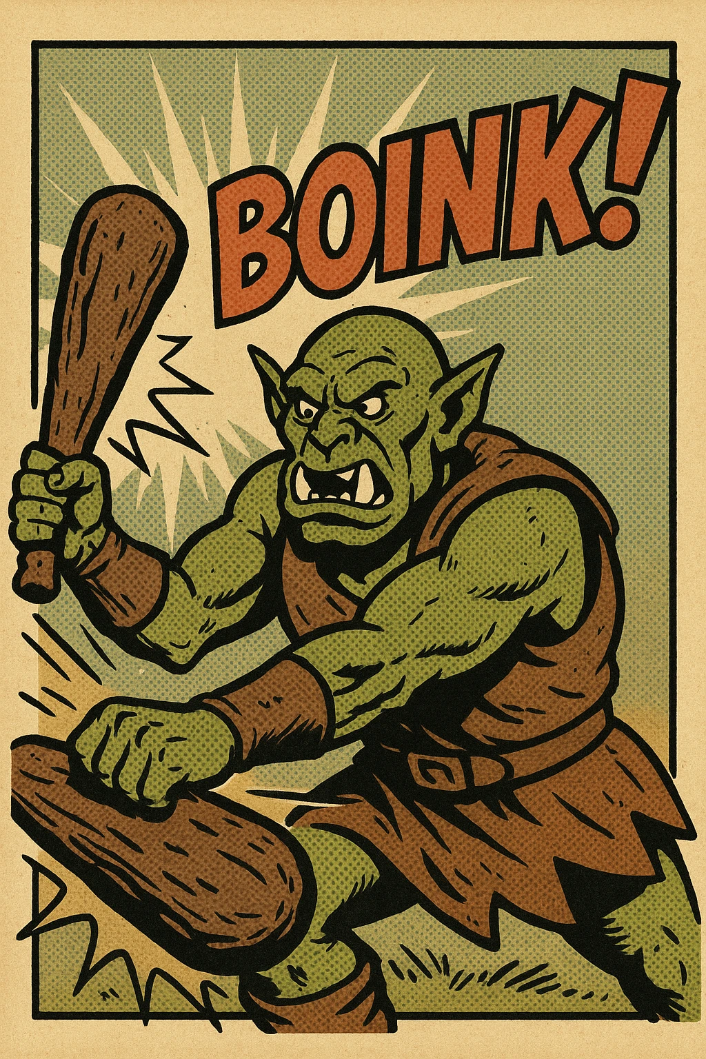 an orc swinging a club with a big 'boink' comic effect, dynamic action, fun and exaggerated emoji