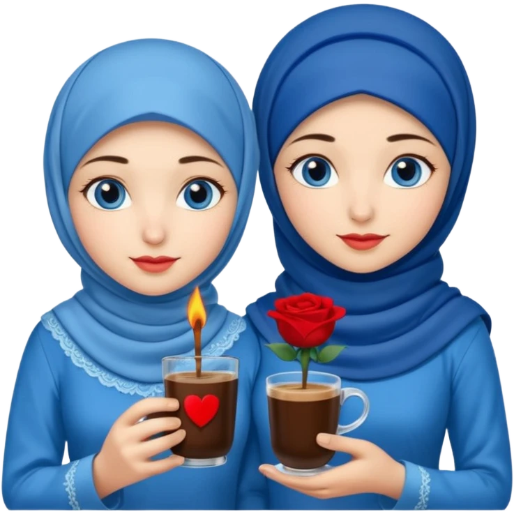 Turkish beautiful finish Konya two girls blue eyes with blue hijab islamic dress and had on her hand Rose Cold turkish coffee   emoji