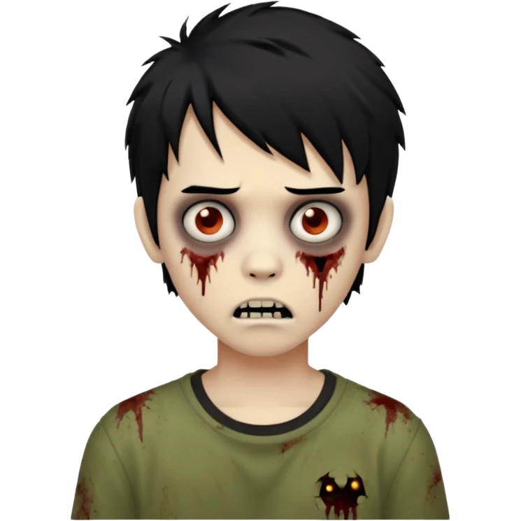 Boy, zombie, black hair, medium, emo, shaggy, dark, spooky, creepy expression emoji