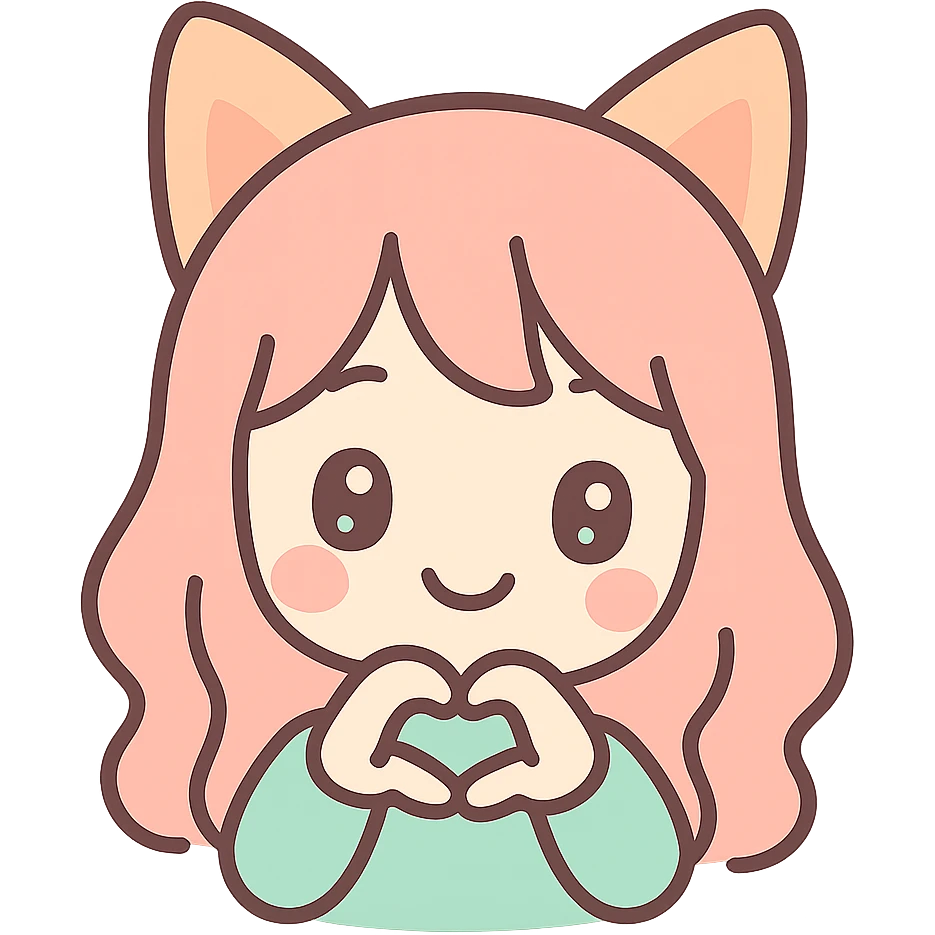 sweet anime-inspired human with fox ears, smiling, showing affection emoji