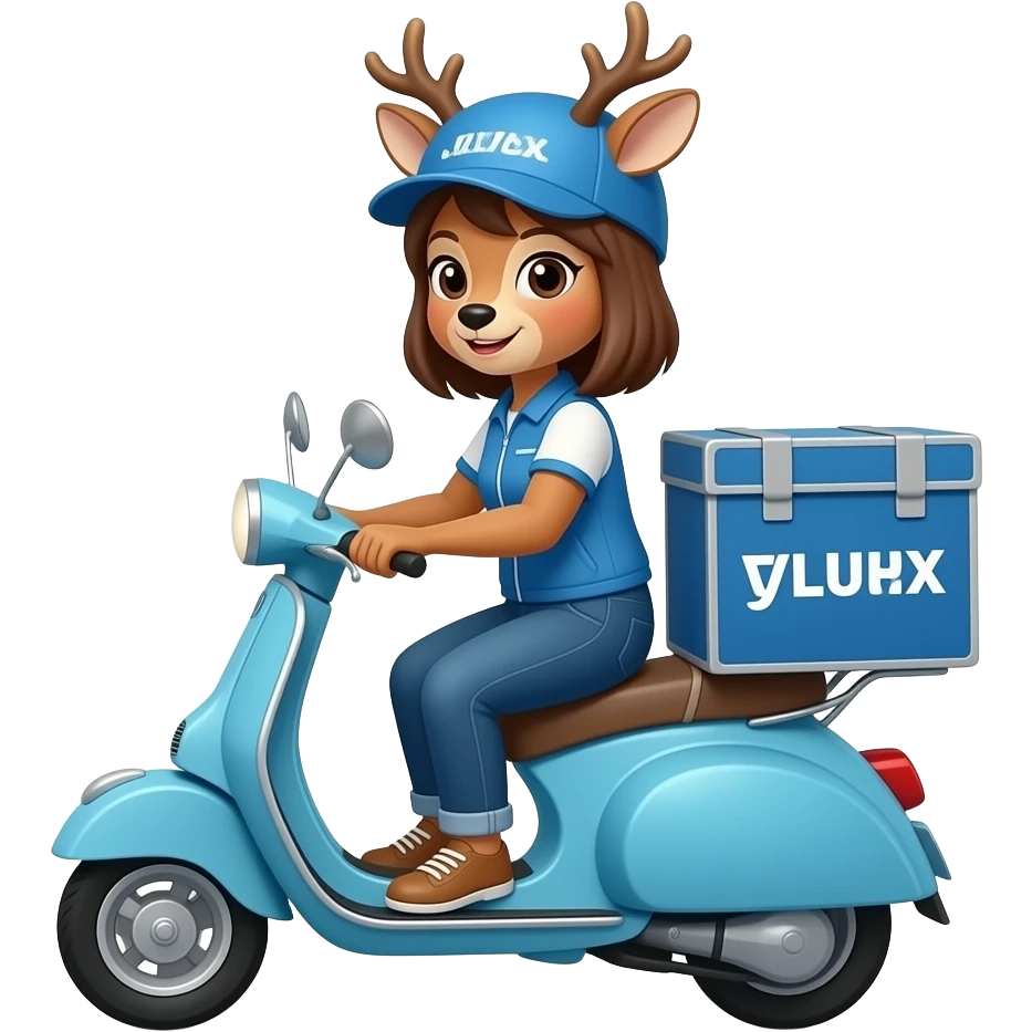 female cute deer who works as a courier on a blue scooter emoji