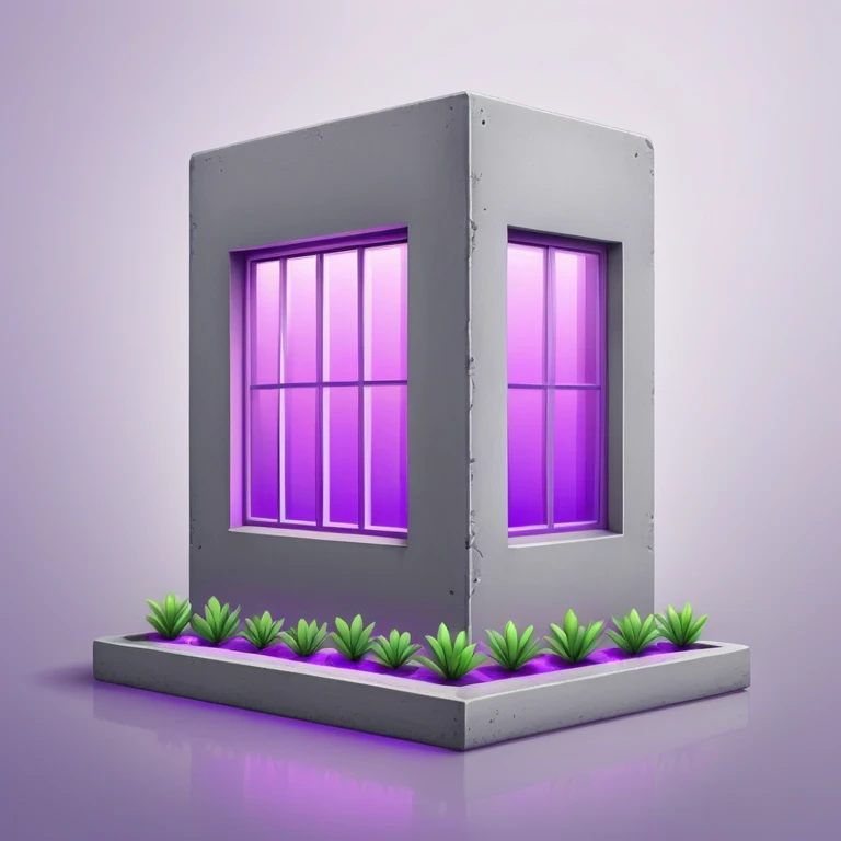 Minimalist gray concrete panel building with one window glowing bright purple from grow lights inside, simple rectangular structure emoji
