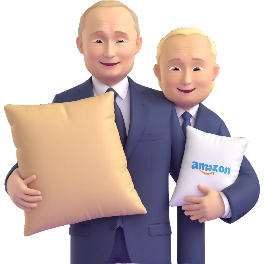 Vladimir Putin in a suit smiling and holding a memory foam pillow with an Amazon package next to him emoji