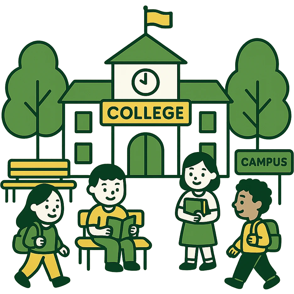 college campus scene, minimalistic, green gold and white color scheme, clean lines emoji